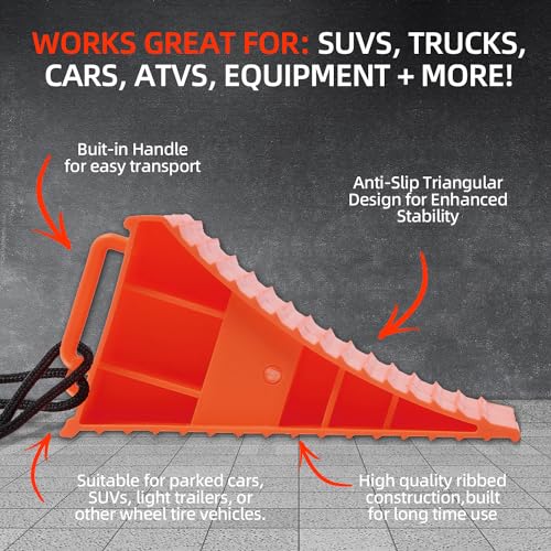 Image of Homeon Wheels RV Camper Large Wheel Chocks Extra Wide with Handle and Rope for Travel Trailers, Cars, Tire Chocks Blocks 2 Packs Hard Plastic Heavy Duty(Red)