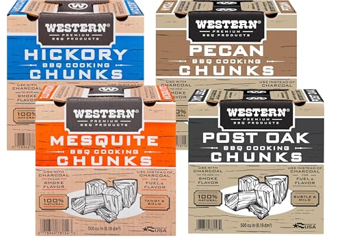 Western Wood Smoking Chunks Variety Pack – 4 Boxes (500 cu in Each) – Mesquite, Hickory, Pecan &...