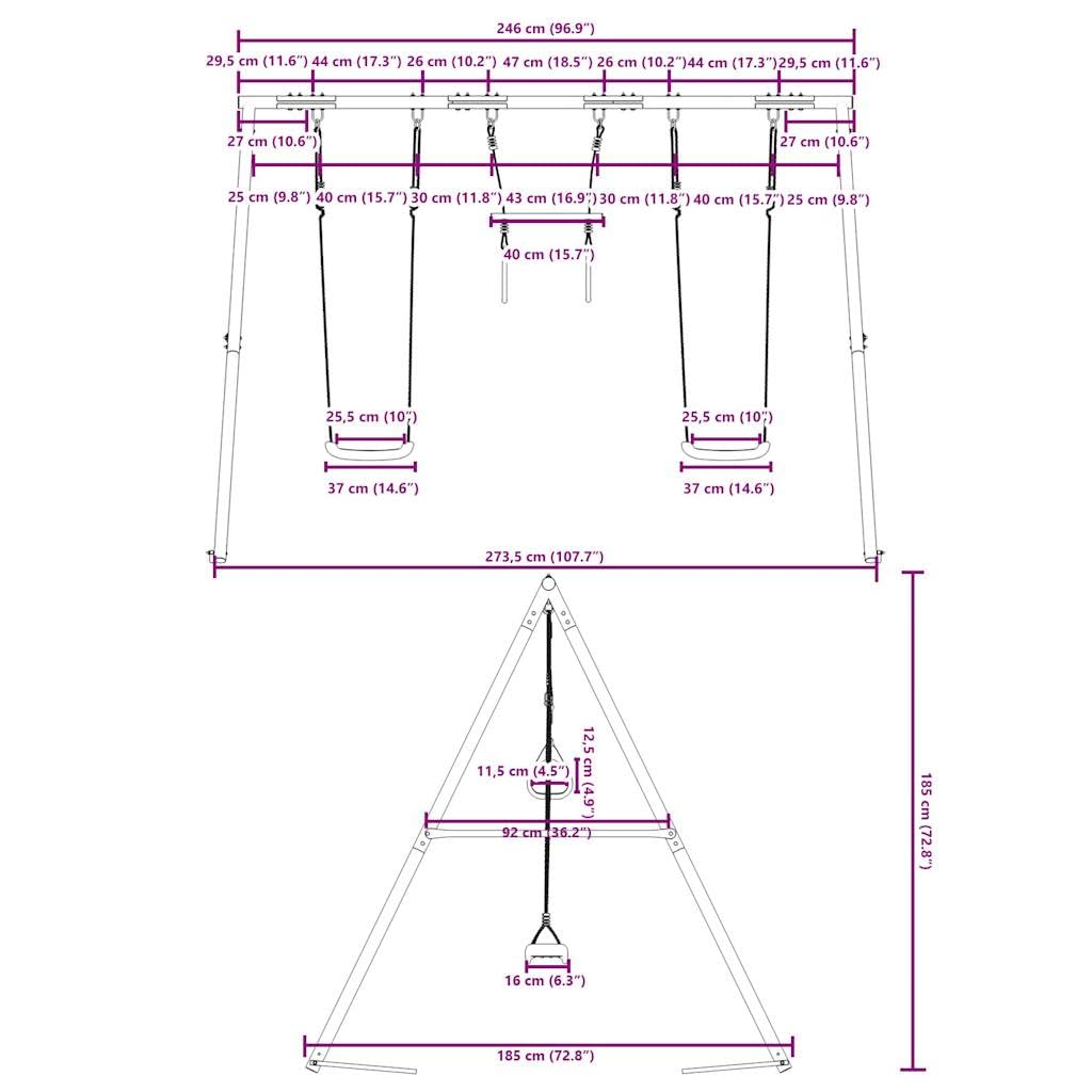 Set di due sedie a dondolo con asta trapezoidale, struttura in acciaio laccato, 273,5 x 185 x 185 cm, giocattolo da giardino per bambini, favorisce il movimento, l'equilibrio e la