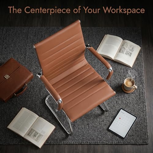 Image of HNY Leather Office Guest & Reception Chairs Set of 2, Modern Waiting Room Chairs with Arms, Desk Chair no Wheels with Sled Base for Conference Room, Coffee