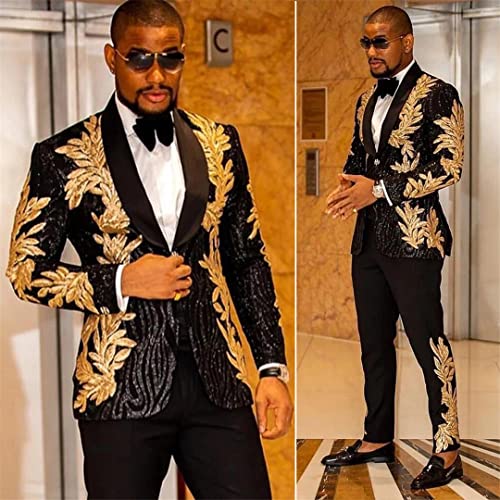 Men's 2 Pieces Royal Blue Slim Shiny Glitter Gold Applique Prom Dress Jacket Party Suits Set (Blazer + Pants)3