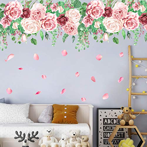 Peony Flowers Wall Decals Rose Flower Green Leaves Stickers Diy 3D Removable Floral Rose Skirting Wall Art Murals For Kids Baby Girls Bedroom Living Room Nursery Kitchen Office Room Decoration (Pink) #TOP5