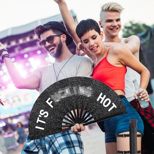 Image of FairySandy Large Rave Fan UV Glow Clack Summer Hand Fan with Thigh Holster for Women Carnival Party Supplies for Carnival Edm Music Festival Club Accessories(Cool Style,Black)