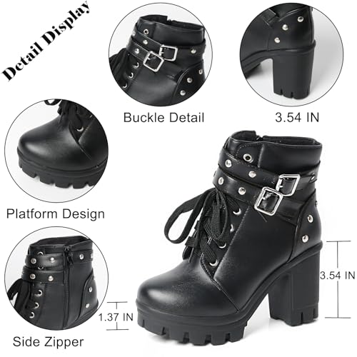 Image of MEOTINA Goth Platform Boots Combat Boots Chunky Heel Ankle Booties for Women Punk Buckle Gothic Boot with Zipper Lace Up Dress Shoes Black /White