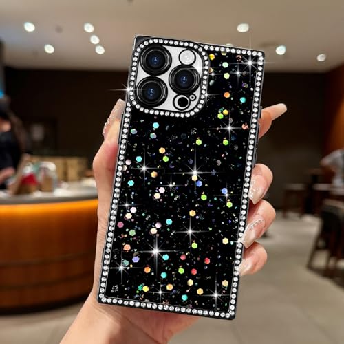 LAPOPNUT for iPhone 13 Pro Case,Cute Bling Sequin Glitter Sparkly Rhinestones Rectangle Edge Phone Case for Girls Women,Crystal Diamond Full Camera Protective Shockproof TPU Bumper Cover,Black - image 2