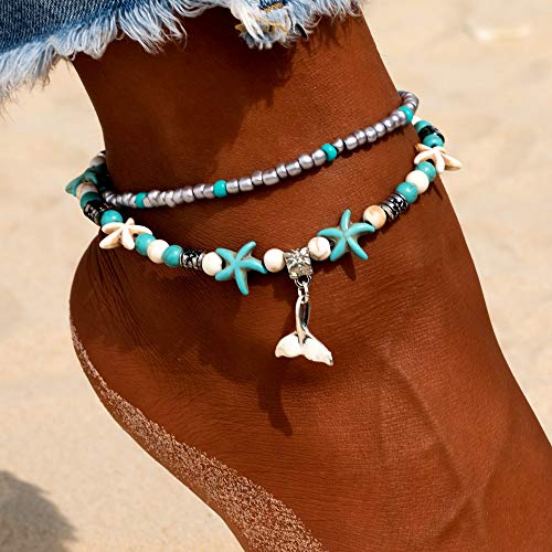 Image of Softones Blue Starfish Turtle Anklet Multilayer Charm Beads Sea Handmade Boho Anklet Foot Jewelry for Women