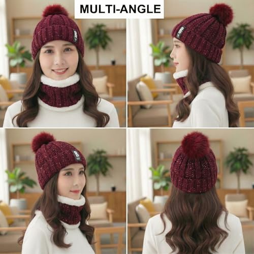 Image of Kraptick Women's Winter Beanie Cap and Scarf Set with Soft Fleece Lining, Thick Cable Knit Woolen Cap for Ladies & Neck Warmer for Extreme Cold Stylish Pom Pom Hat & Scarf Set -7