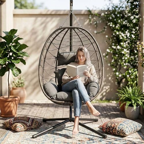 BIRCHTREE Hanging Egg Chair with Thick Cushions and Stand Garden Swing Hammock Chair Indoor Outdoor Sturdy Frame PE Rattan Single for Patio Balcony Grey