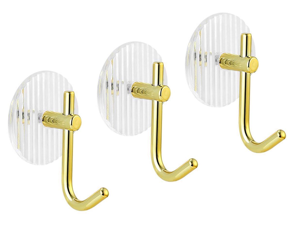 3 Pack Self-adhesive Hooks, Luxury Wall Holder, Waterproof Towel Coat Hanger for Bathroom Door Wardrobe Acrylic Strong Durable-Gold