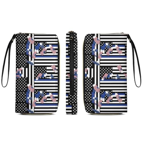 Credit Card Wallets for Women, Zipper Phone Purse Wristlet, Multi-layer Pockets, Travel Ready, Us American Thin Blue Line Flag3