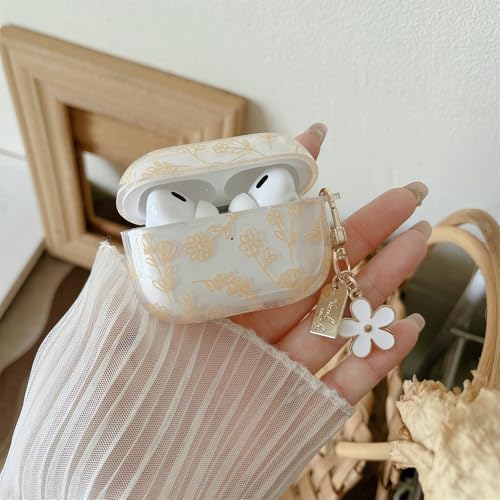 Image of MINSCOSE Compatible with AirPods Pro2 Clear Case,Cute Flower Floral Aesthetic Design with Flowers Keychain, Soft TPU Protective Shockproof Case for Women Girl for Airpods Pro2-Yellow