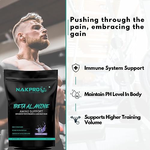 Image of Nakpro Beta Alanine Supplement Powder| Muscle Building Amino Acid, Faster Recovery, Pre Workout supplement for Men & Women -100g Blueberry, (33 Servings)