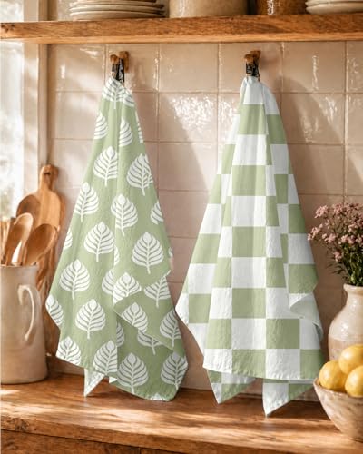 Image of Miss Adola 2 Pack Flour Sack Kitchen Towels - 16x26 Inch Cotton Dish Towels with Hanging Loop Reusable Geometric Boho Modern Retro Tea Towel Absorbent Dishcloths Home Decor, Green Leaf