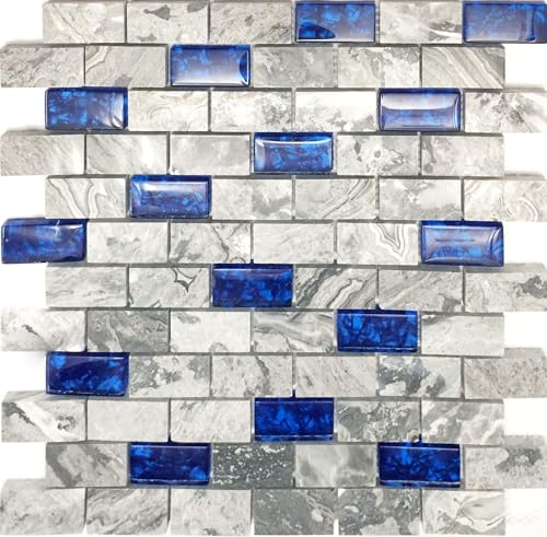 Hominter Blue Crystal Glass & Gray Stone Mosaic 1x2 Subway Tile, Natural Veining Polished Marble for Kitchen Backsplashes, Accent Walls and Bathroom Shower Tiles (3x12 Sample)