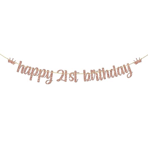 Happy 21st Birthday Banner, 21st Birthday Party Decorations Supplies, Cheers to 21, 21 Years Old Birthday Decors, Rose Gold Glitter