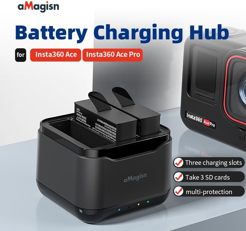 360 Ace/Ace Pro Batteries(2 Packs 1800mAh) with Fast Charge Hub for Insta360 Ace Pro/Ace,Fast Portable 3 Channel Battery Charging Storage Station with Misro SD Card Accessories Slots