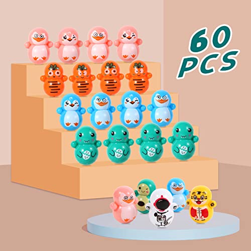 Qyufsvc 60Pcs Mini Tumbler Toy Set For Kids, Cute Animal Tumbler Toy Party Favors Righting Doll Fidget Toys For Boys Girls, Roly-Poly Self-Righting Doll Tumbler Bulk Toys For Classroom Prizes #TOP1