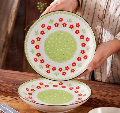 Image of Ceramic Pasta Plate, 20.4 cm Porcelain Dinner Plates, Microwave & Dishwasher Safe, Food Grade Ceramic, Deep Serving Plate for Pasta, Salad, Soup, Curry & Noodles (Green & Red Floral Design, PACK OF 4)