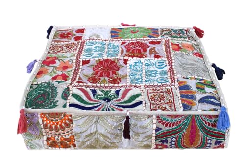 Alia Enterprises Indian Large Square Mandala Patchwork Cotton Floor Pillow Cushion Cover Meditation Boho Bohemian Cushion Pouf Cover - Cover ONLY (16x16x5 Inches, White)