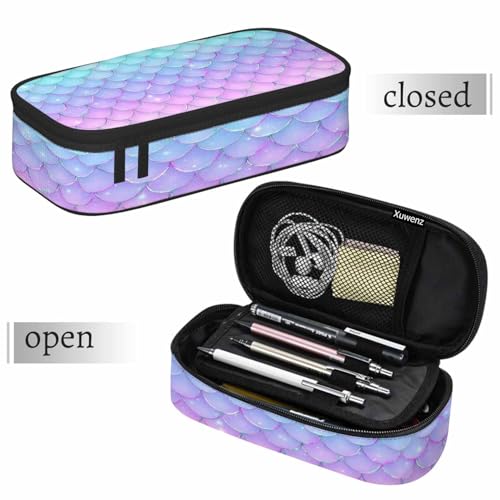 Image of Mermaid Scales Pencil Case Organizer Pink Blue Fish Scales Glitters Line Underwater Sea Stationery Box Makeup Box School Supply for Boy Girl Men Women