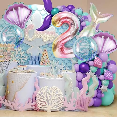Image of Mermaid Birthday Decorations Mermaid Balloons - Number 2 Balloons for Girls Under The Sea Mermaid Theme Baby Shower Birthday Favors