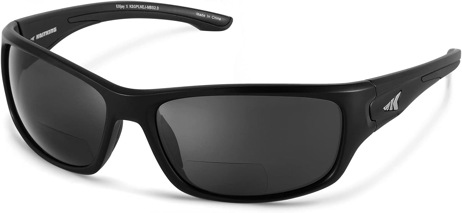 KastKing Ellijay Bifocal Polarized Sunglasses, Bi-Focal x1.5 x2.0 x2.5 Magnifications, Wrap Sport Reader Sunglasses Matte Black Frame, Smoke Lens Bifocal +2.00