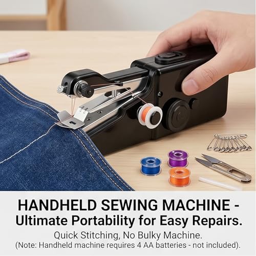 Image of Handheld Sewing Machine, Portable Hand Held Sewing Machine for Adults & Beginners, Cordless Mini Electric Hemming Tool for Denim, Fabric & Quick Home & Travel Repairs (Black)