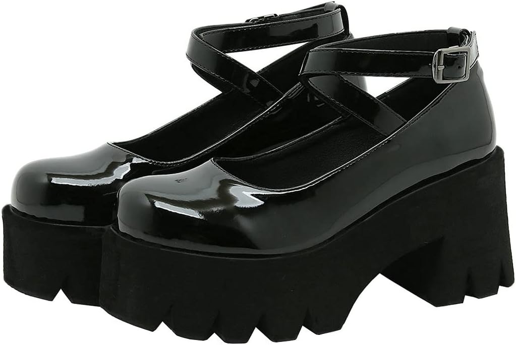 KIKIVIVI Womens Platform Mary Jane Patent Leather Crisscross Strap Chunky High Heel Pumps