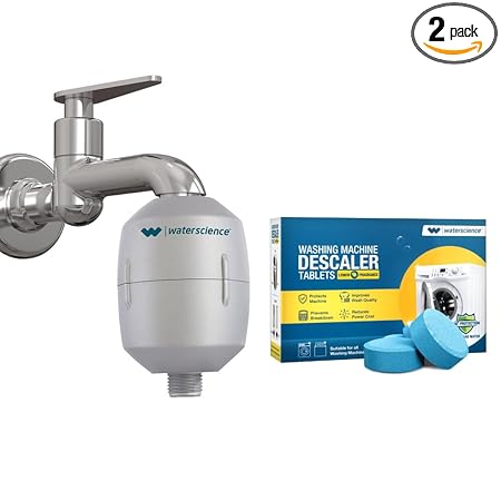 WaterScience Shower & Tap Filter for Borewell/Tanker Water + Washing Machine Descaler (Cleo 1020 + WMD)