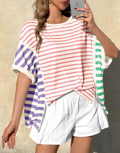 Tankaneo Womens Oversized Striped T-Shirts Color Block Short Sleeve Tee Tops Summer Casual High Low Hem Shirts2