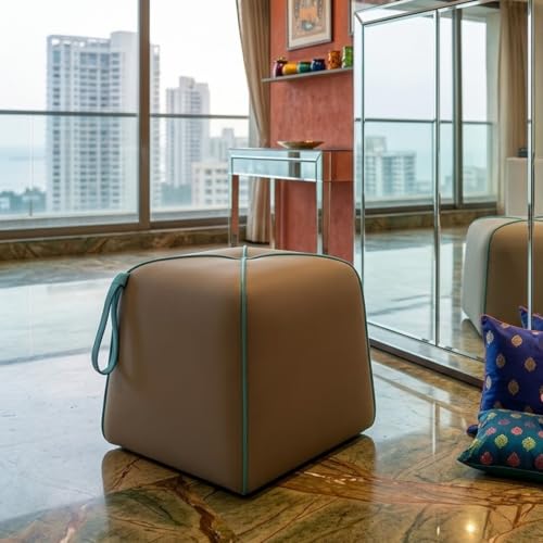 Image of FURNY Signature Cresta Suri Accent Pouf | Boston Fabric | 40D High-Density Foam | (Warm Sand Beige) | Footrest, Vanity Ottoman & Accent Seat for Home, Office & Hotel