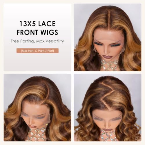Image of Pizazz Ombre Highlight 13x4 HD Lace Front Wigs Human Hair Pre Plucked | 180 Density Glueless Body Wave Wigs Human Hair Pre Bleached Knots 4 /27 Honey Blonde Lace Frontal Wigs 30 Inch