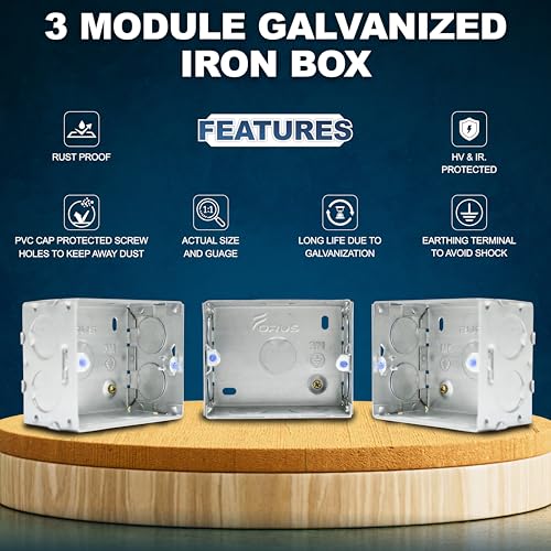 Image of Forus 4x3 Inch Concealed GI Sheet Metal Modular Box 3-Module Heavy-Duty Rustproof Galvanized Iron | 18 Gauge Flush Mount Electrical Junction Box for Home, Office, Industrial Wiring | (4Pc)