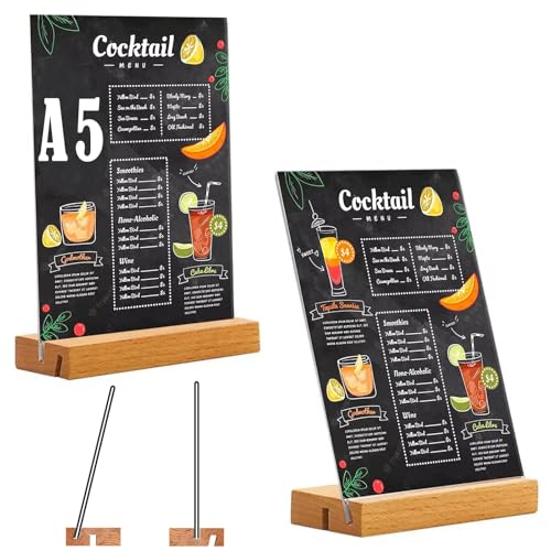 qhklew A5 Tischaufsteller, 2 Stück Acryl Tischständer mit Holzfuß, Acryl Fotoaufsteller Werbeaufsteller Display, Doppelseitiger Displayständer für Preisschilder, für Restaurants, Cafés, Büros