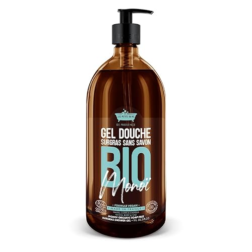 Gel Douche BIO Monoï 1L - Surgras Sans Savon - Les Petits Bains de Provence - Made in Provence - Formule Vegan - Made in France - Visage Corps Cheveux - Peaux Sensibles