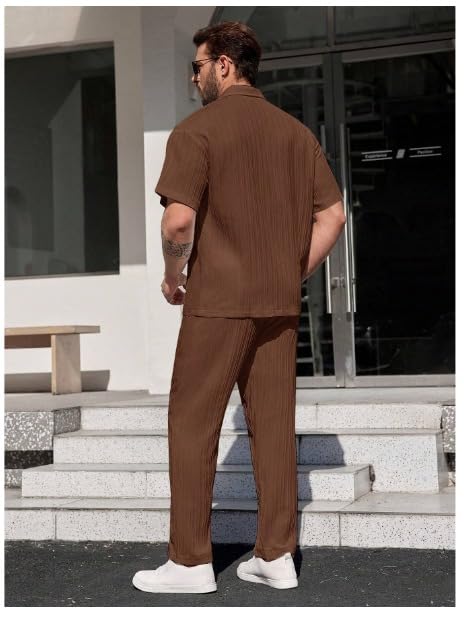 Image of Men's Premium Textured Co-Ord Set - Relaxed Fit Short Sleeve Shirt & Wide-Leg Trousers for Modern Casual Wear