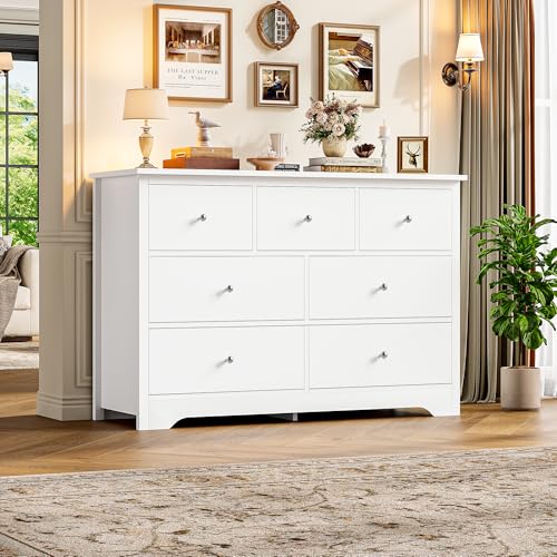 Image of FOTOSOK White Dresser 7 Drawer with 19'' Deeper Depth, 47.2'' White Chest of Drawers Modern Dresser with Metal Handles, White Dresser Chest of Drawers with Large Drawer Storage Space for Home