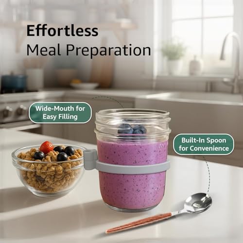 Image of KHEDU FAB 1 Pcs Glass Overnight Oats Jars With Spoon And Lid 350 ML - Airtight Container With Measurement Marks, Mason Jars With Lid and Silicone Spoon Holder Ring - Leak Proof Oats Jar Container
