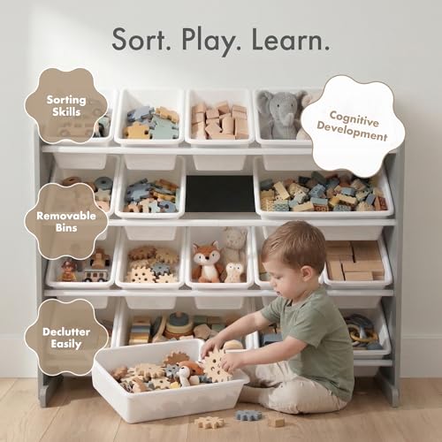 Image of Humble Crew Toy Storage Organizer with 16 Removable Storage Bins for Kids Playroom, 4-Tier Toddler Toy Organization and Storage, Grey /White