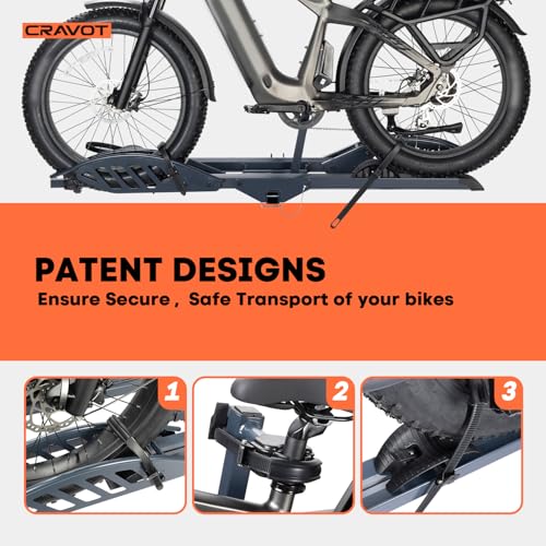 CyberRack E2 Hitch 2 E-Bike Rack with Ramp,200 lbs Capacity Electric Bike Carrier Foldable Platform Mount, Up to 5-inch Fat Tire Bicycle for 2'' Receiver Cars Trucks SUVs Minivans RV, Trailer