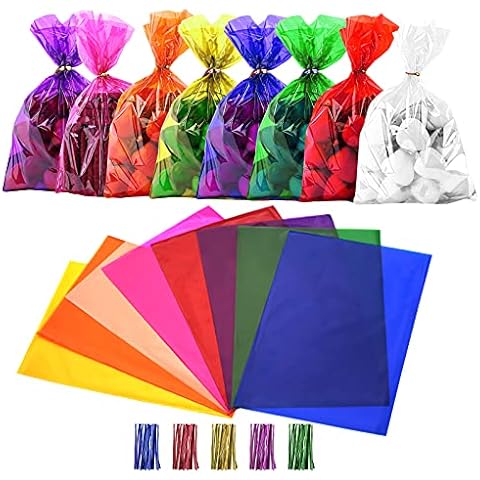 Cinvo 160 Pcs Colored Cellophane Bags with Twist Ties Cello Treat Bags for Bakery Popcorn Cookies Candy Dessert Party Halloween Christmas Supplies (8 Colors, 6x 9 Inch) Cover
