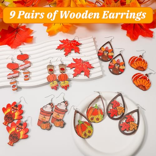 30 PCS Thanksgiving Fall Earrings for Women,Turkey Pumpkin Maple Leaf Sunflower Dangle Drop Earrings and Studs Earrings Bulk,Wooden Thanksgiving Jewelry Gifts for Women and Teens by fulasiteu - Used condition - Image 6