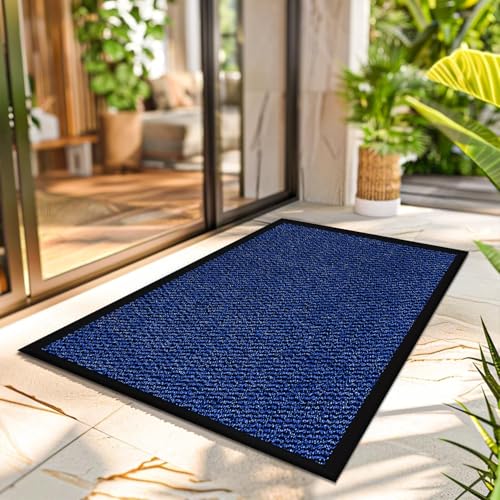 Door Mats Outdoor - Blue, 40 x 60 cm - Waterproof Non Slip Strong Rubber Backing PVC Door Mat for Indoor Kitchen, Entrance Hall Hallway