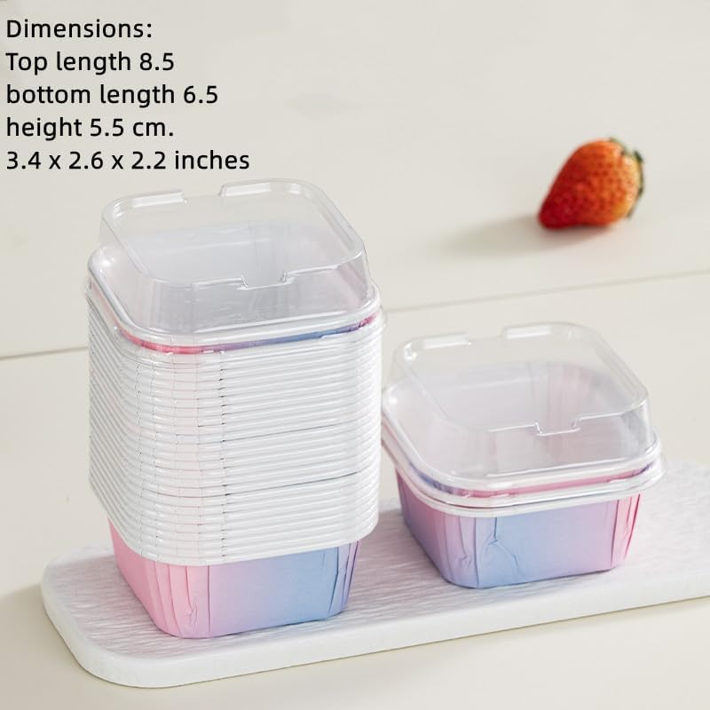 Miniatura 2 de 50 piezas de mini tazas cuadradas para hornear con tapas, tazas de hornear brownie de papel de aluminio, moldes desechables para tartas, tazas de