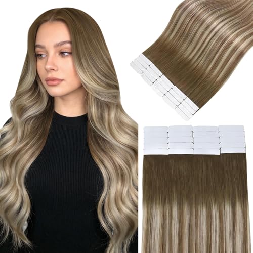 Easyouth 22 Inch Tape in Hair Extensions Real Human Hair Balayage Real Human Hair Tape in Extensions Ombre Dark Brown to Blonde with Brown Hair Extension Tapes in with Natural Look 50G 20Pcs