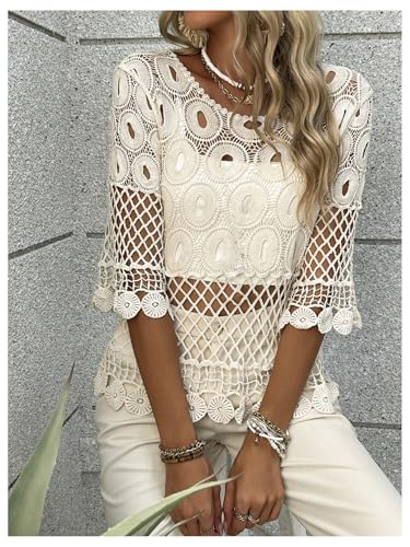 MakeMeChic Women's Crochet Tops Floral Sheer Hollow Out Summer Swimsuit Beach Cover Up Top4