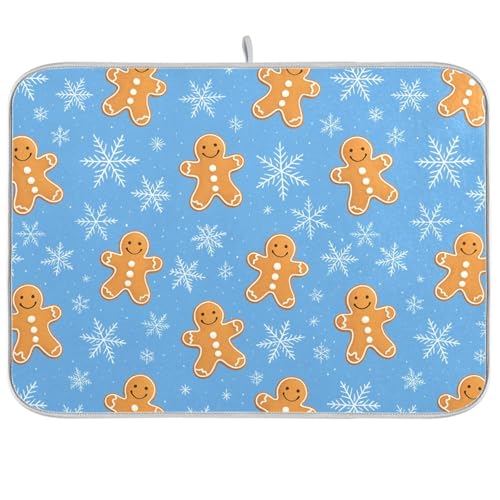 Snowflake Gingerbread Cookie Man Blue Dish Drying Mat for Kitchen Counter Absorbent Microfiber Drying Pad, Medium 16x18 in