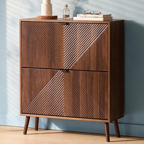 oakvivo Shoe Cabinet Storage, Farmhouse Freestanding Organizer with 2 Flip Drawers and 4 Wooden feet, Narrow Shoe Rack Cabinet for Entryway, Foyer, Hallway, Walnut