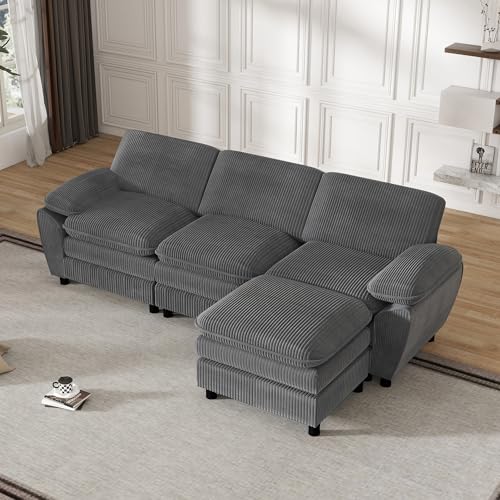 Modulares 3er-Kombinationssofa mit abnehmbarem Ottoman in Premium Velours – Elegantes L-Sofa für Wohnzimmer, perfekte Ergonomie & einfache Montage (258cm, Grau) – Bild 5