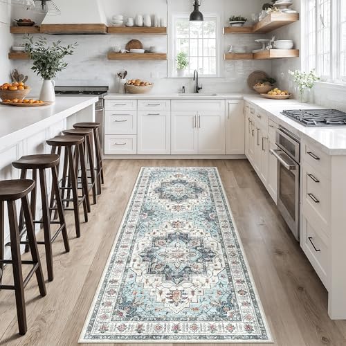 Madane Hallway Runner 3x8, Kitchen Rugs Washable Entryway Rug Vintage Kitchen Runners Non Slip Indoor Area Rug Farmhouse Carpet Runner for Bathroom Living Room Bedroom (3 X 8, Blue)